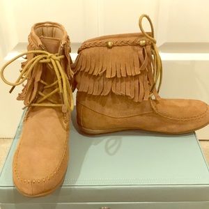 Tan moccasins.